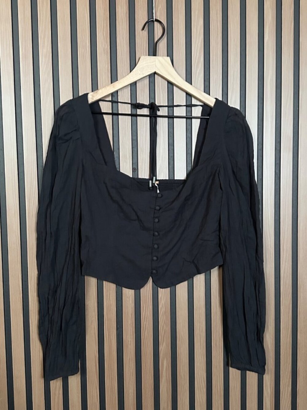 New Free People Top XS Womens Black Smocked Back Button Front Cropped Shirt